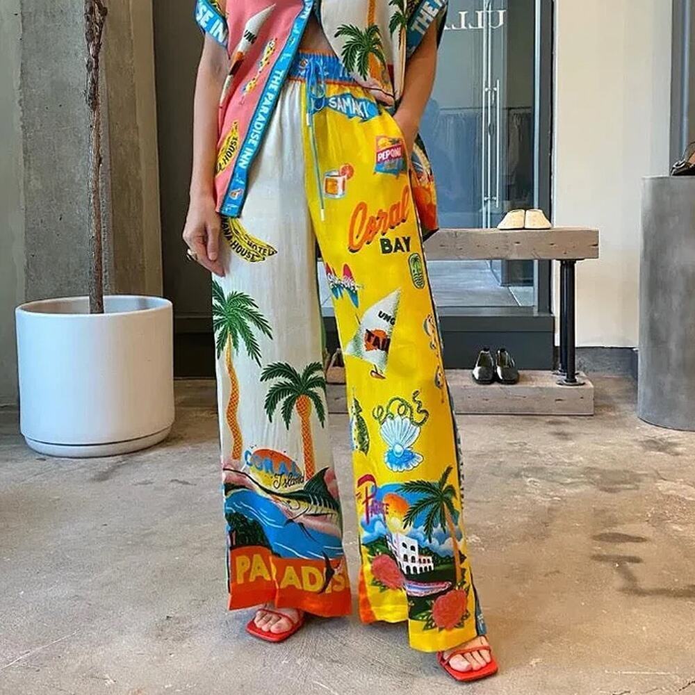 Tropical Colorful Paradise Resortwear Wide Leg Pants Size S